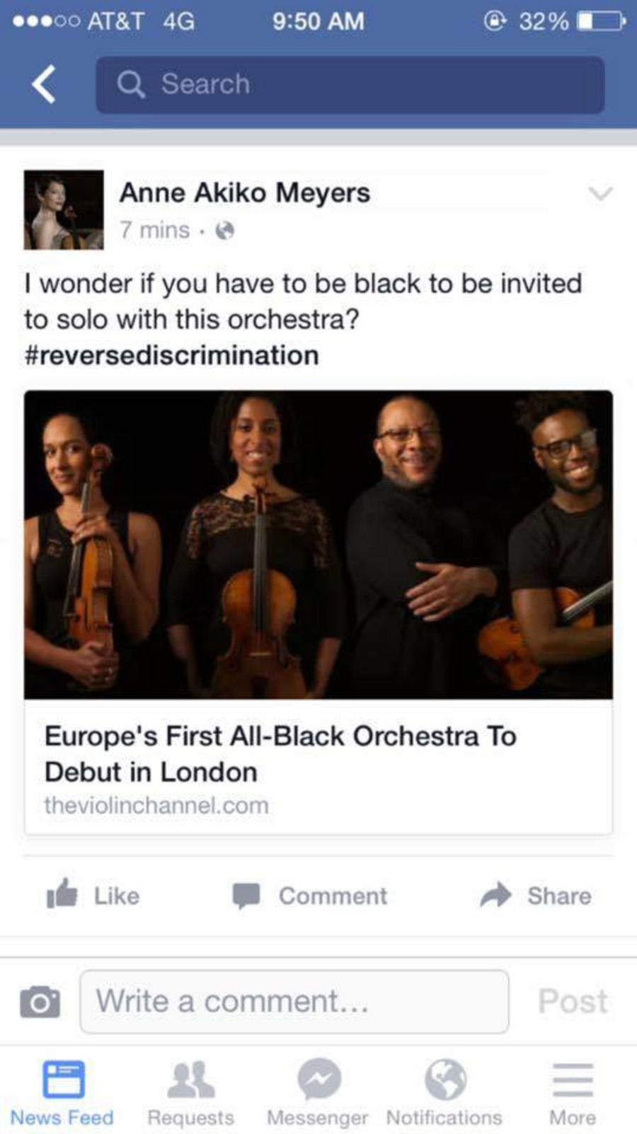 the text reads: I wonder if you have to be black to solo with this orchestra? #reversediscrimination